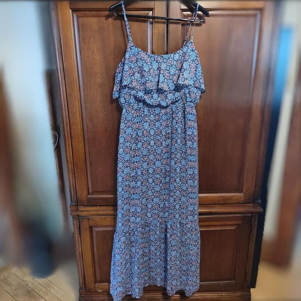 Daisy Fuentes Blue Floral Maxi Dress Ruffles Adjustable Straps Double Layer XL